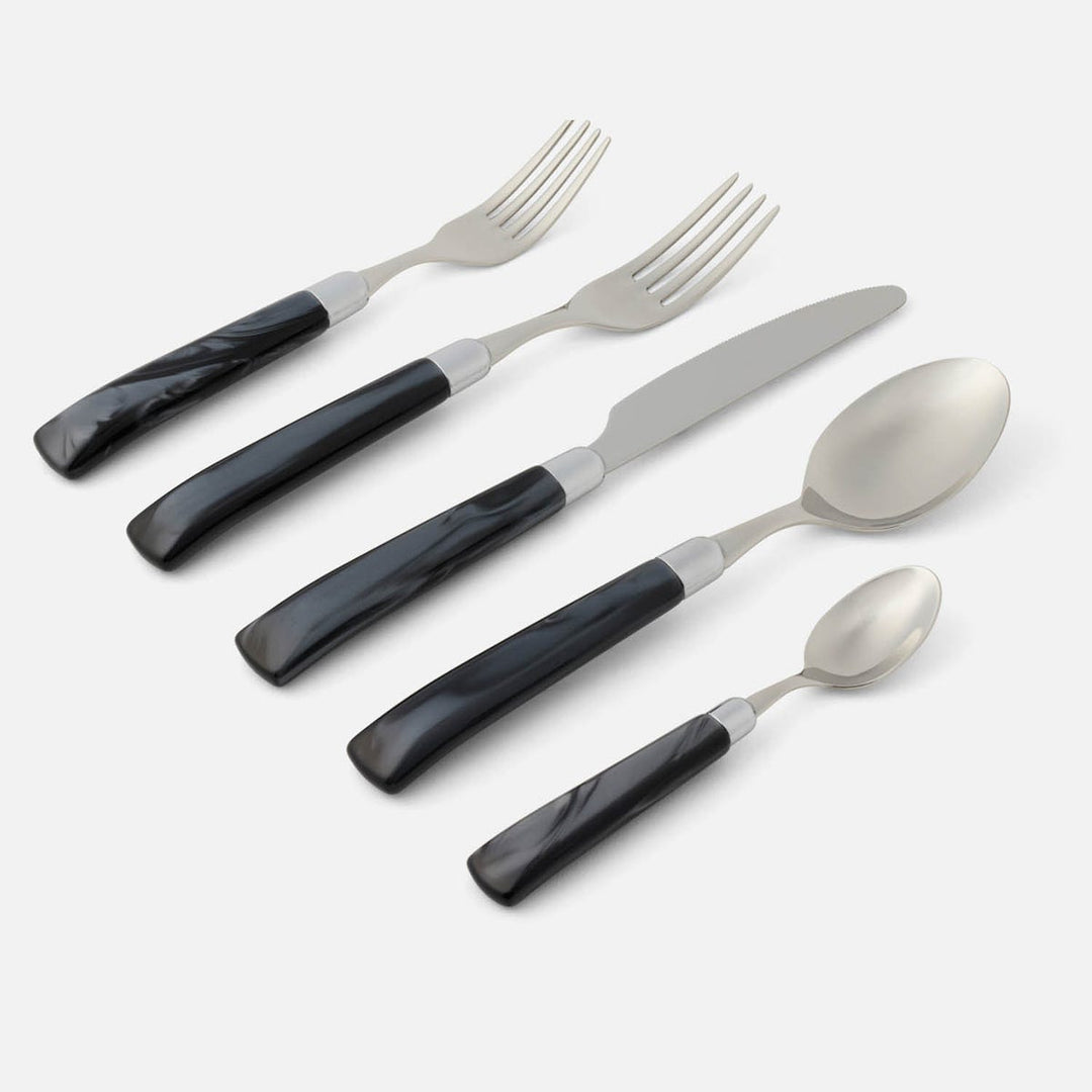 Colson Black/Polished Silver 5-Piece Set: Knife Dinner Fork Salad Fork Soup Spoon Teaspoon St