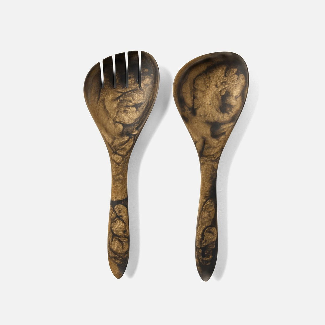 Laney Black/Gold Swirled Serving Set 2-Piece Set: Serving Spoon Serving Fork Resin