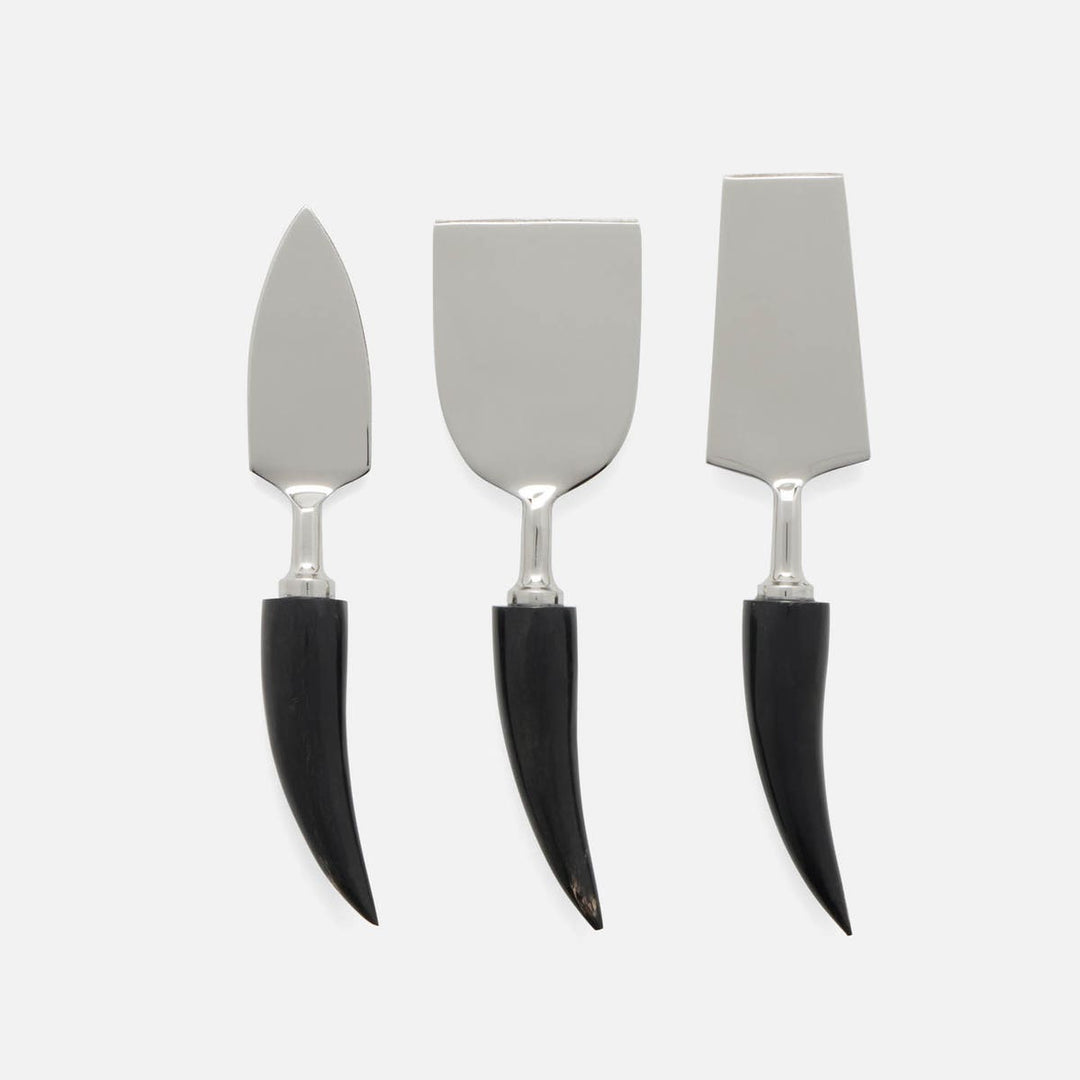 Mateo Polished Silver Cheese Knives Horn Handles Boxed Set Of 3