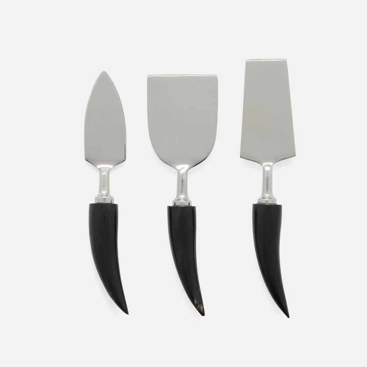 Mateo Polished Silver Cheese Knives Horn Handles Boxed Set Of 3
