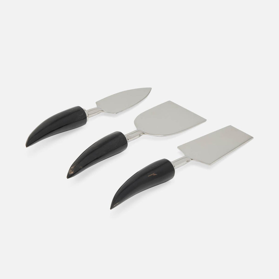 Mateo Polished Silver Cheese Knives Horn Handles Boxed Set Of 3