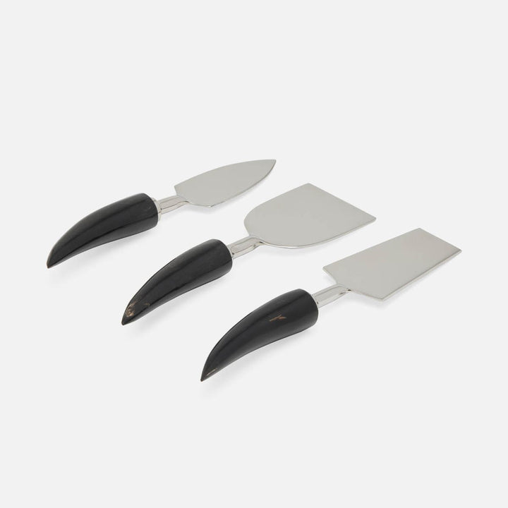 Mateo Polished Silver Cheese Knives Horn Handles Boxed Set Of 3