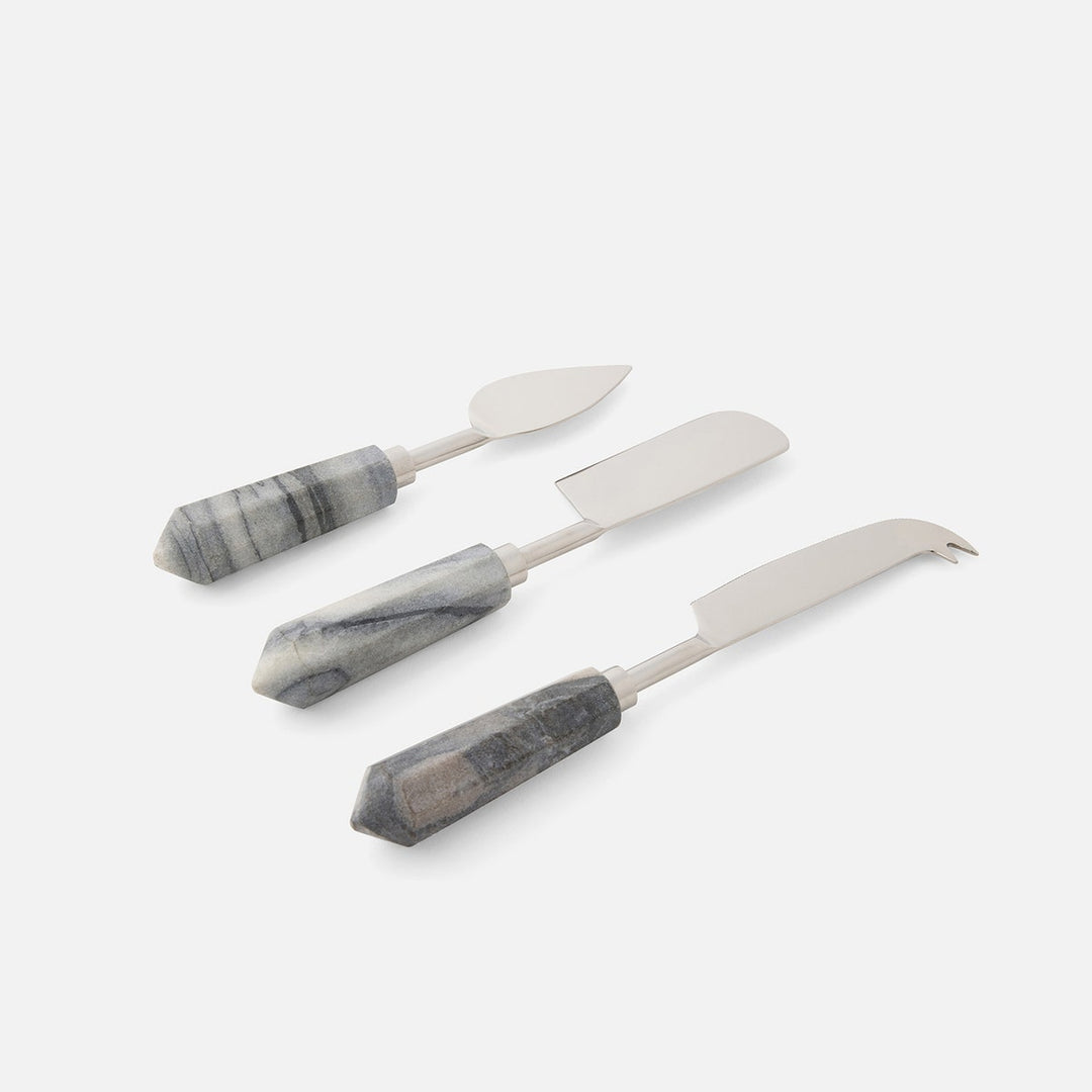 Priscilla Gray/Polished Silver Set Of 3 Cheese Knives Stainless Steel/Marble Boxed