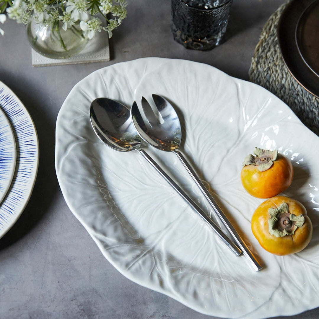 Gwen Polished Silver Hexagon Flatware Collection 2-Piece Serving Set: Serving Spoon Serving Fork