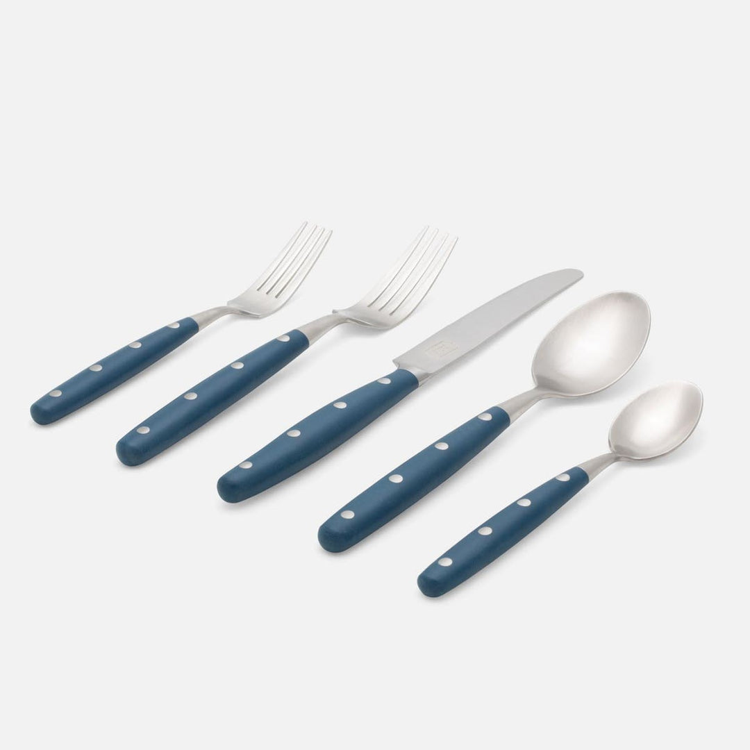 Jones Blue Pom Handle/Silver Stainless Steel Flatware 5-Piece Set