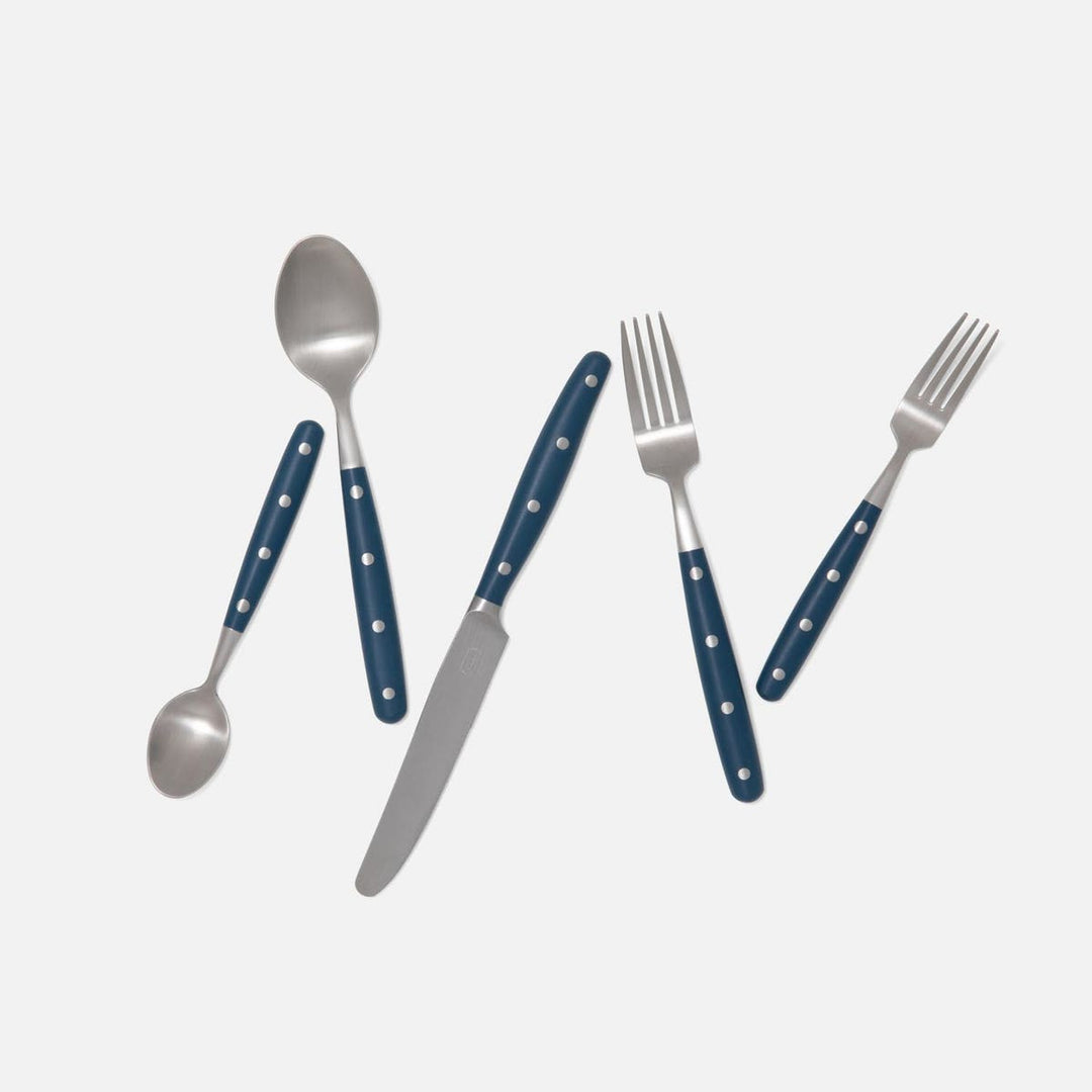 Jones Blue Pom Handle/Silver Stainless Steel Flatware 5-Piece Set