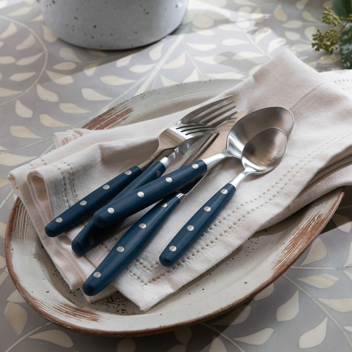 Jones Blue Pom Handle/Silver Stainless Steel Flatware 5-Piece Set