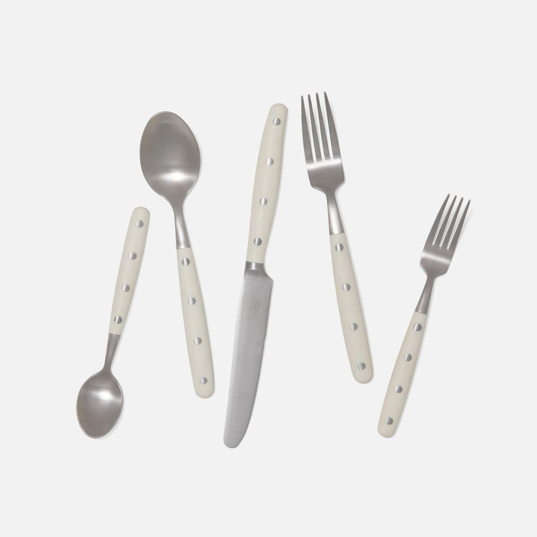 Jones Cream Pom Handle/Silver Stainless Steel Flatware 5-Piece Set