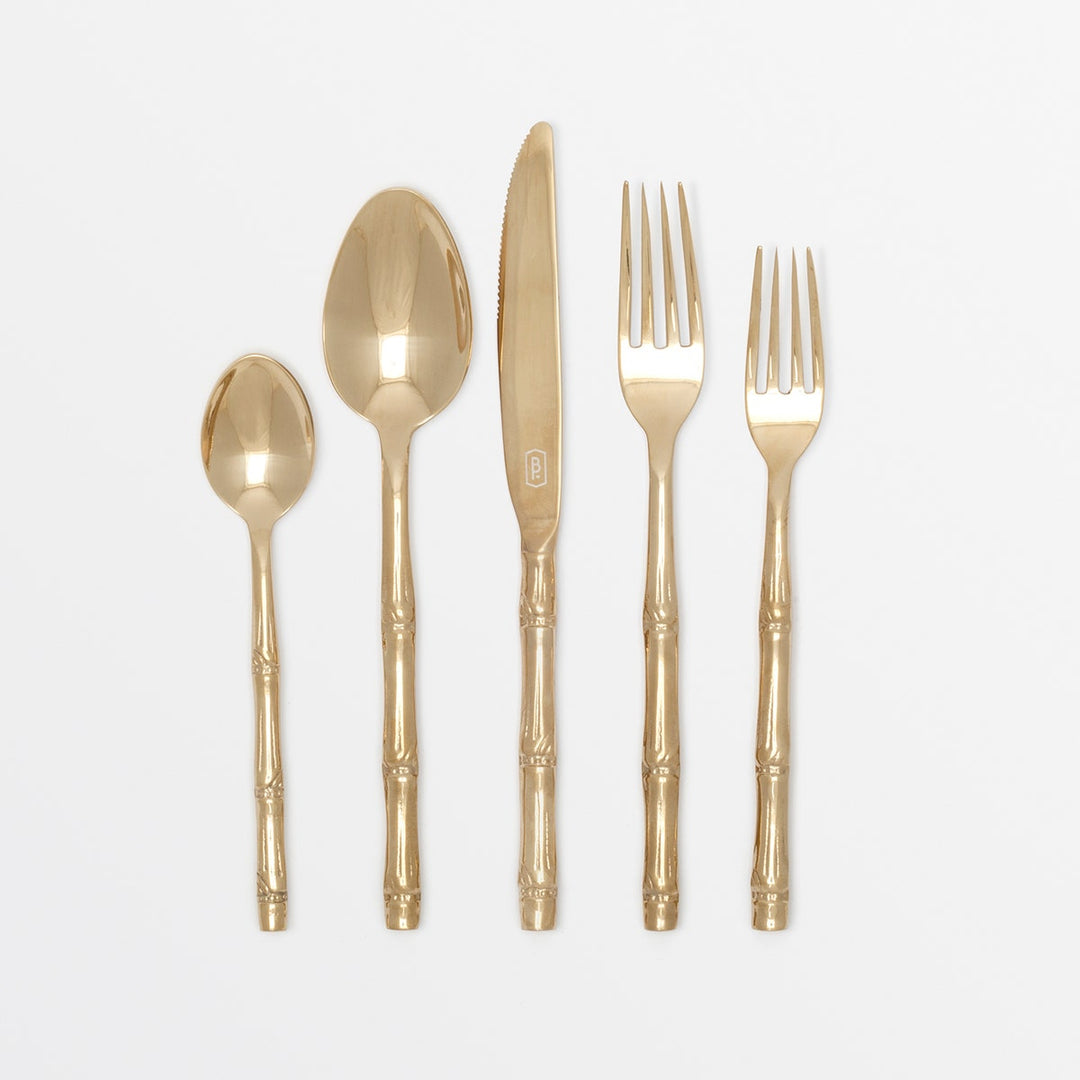Liliana Polished Gold Flatware 5-Piece Set: Knife Dinner Fork Salad Fork Soup Spoon Tea Spoon