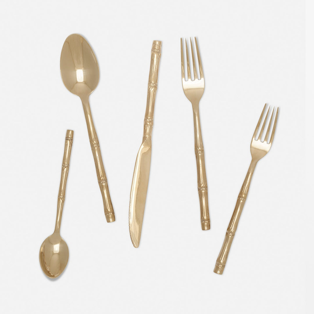 Liliana Polished Gold Flatware 5-Piece Set: Knife Dinner Fork Salad Fork Soup Spoon Tea Spoon