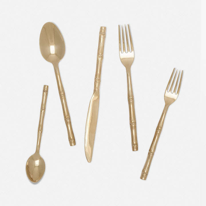 Liliana Polished Gold Flatware 5-Piece Set: Knife Dinner Fork Salad Fork Soup Spoon Tea Spoon