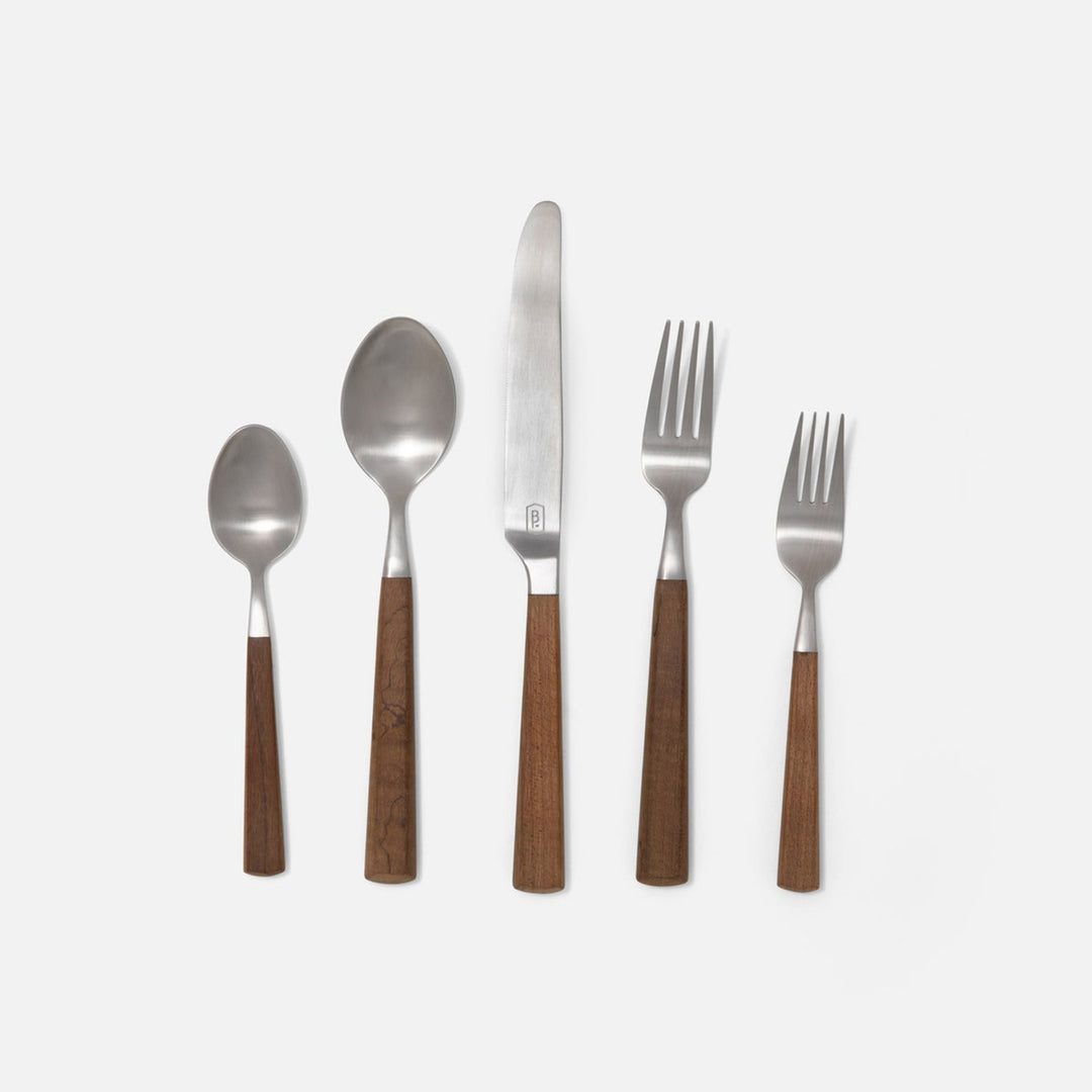 Micah Maple Wood Handle/Silver Stainless Steel Flatware 5-Piece Set: Knife Dinner Fork Salad For
