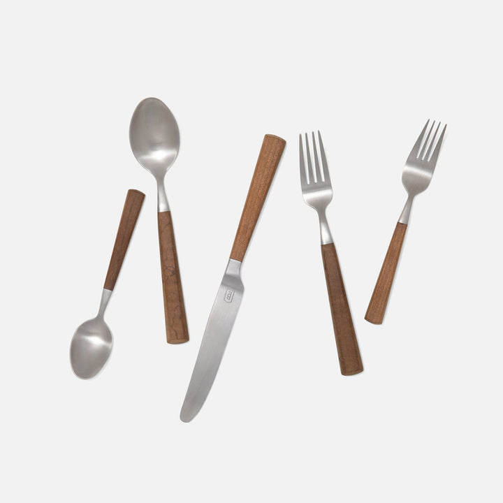 Micah Maple Wood Handle/Silver Stainless Steel Flatware 5-Piece Set: Knife Dinner Fork Salad For