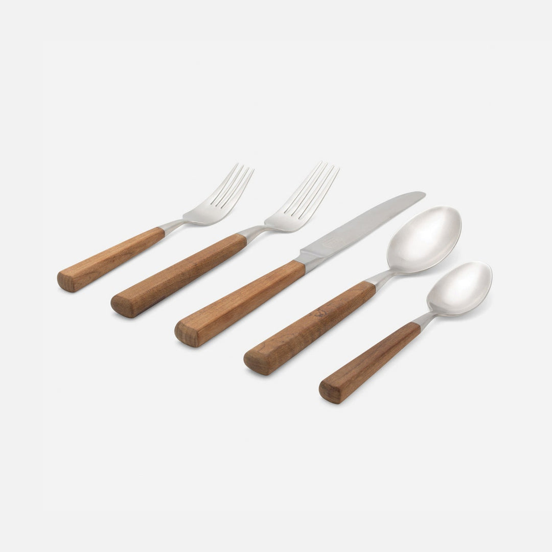 Micah Maple Wood Handle/Silver Stainless Steel Flatware 5-Piece Set: Knife Dinner Fork Salad For