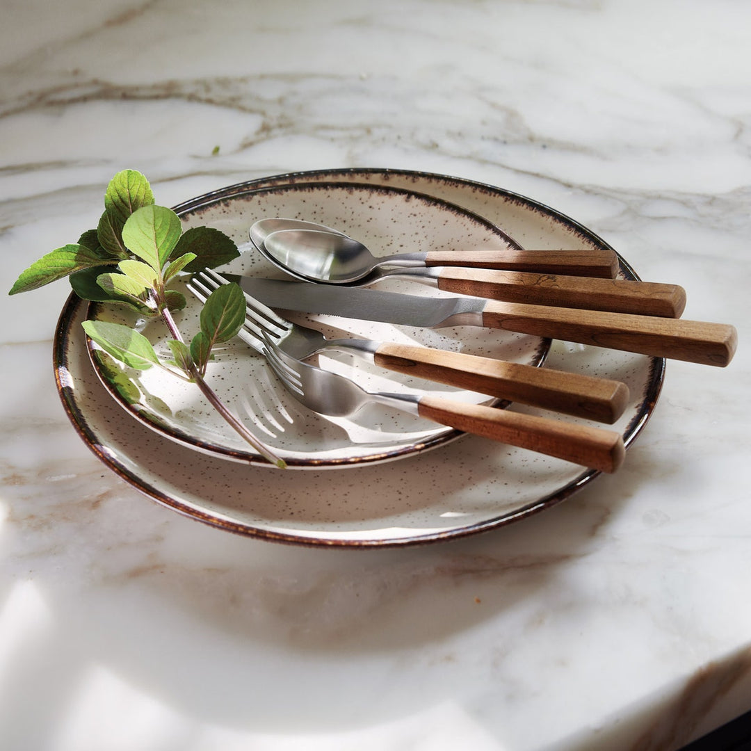 Micah Maple Wood Handle/Silver Stainless Steel Flatware 5-Piece Set: Knife Dinner Fork Salad For