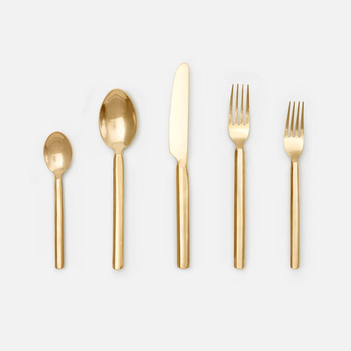 Roland Polished Gold Flatware 5-Piece Set: Knife Dinner Fork Salad Fork Soup Spoon Tea Spoon