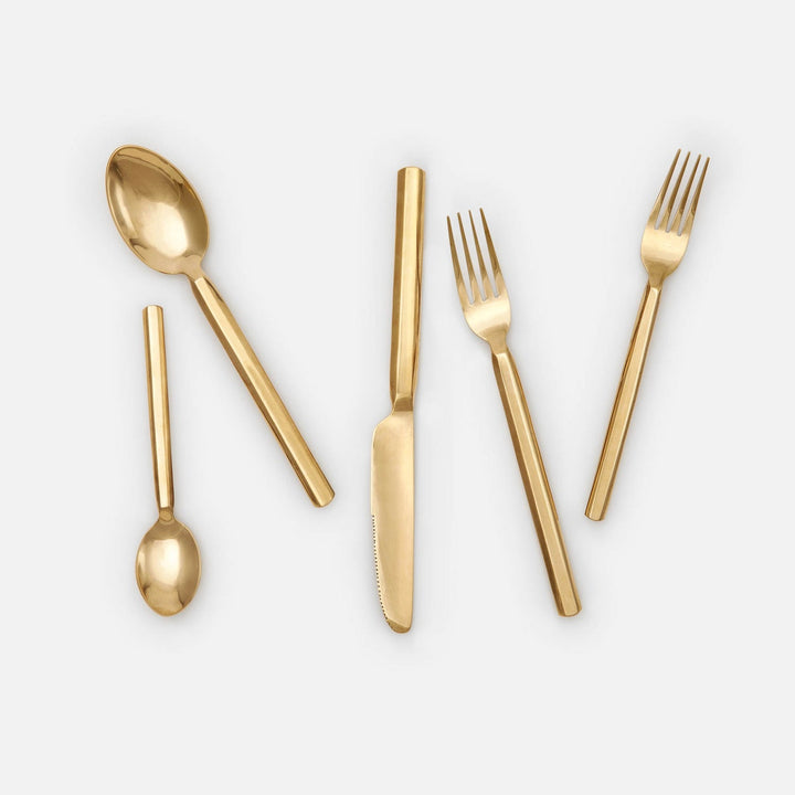 Roland Polished Gold Flatware 5-Piece Set: Knife Dinner Fork Salad Fork Soup Spoon Tea Spoon