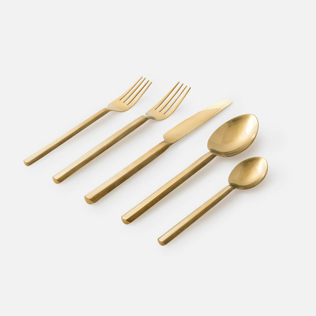 Roland Polished Gold Flatware 5-Piece Set: Knife Dinner Fork Salad Fork Soup Spoon Tea Spoon
