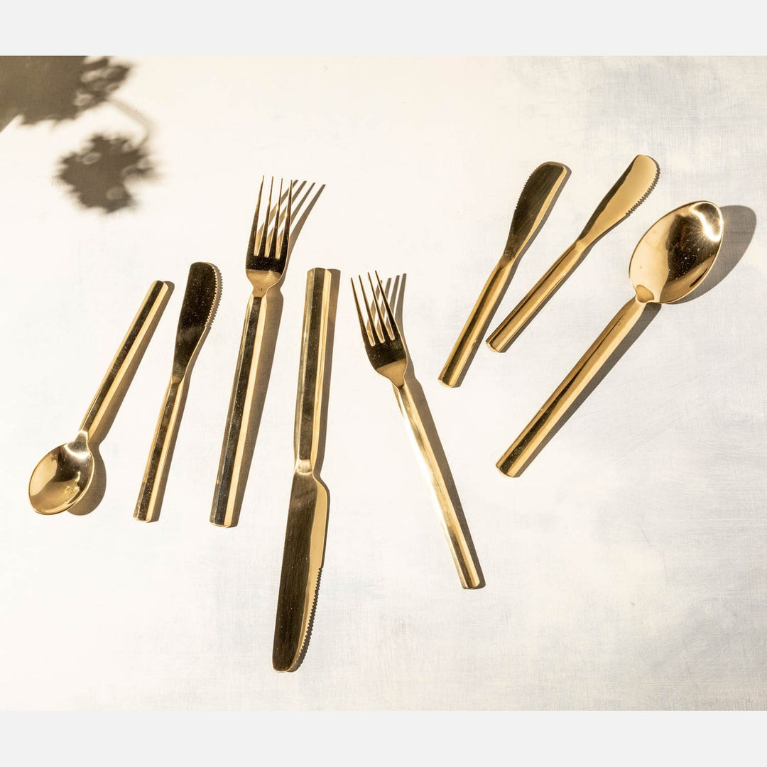 Roland Polished Gold Flatware 5-Piece Set: Knife Dinner Fork Salad Fork Soup Spoon Tea Spoon