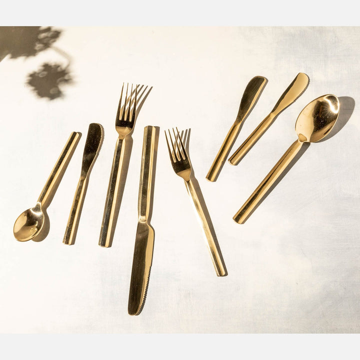 Roland Polished Gold Flatware 5-Piece Set: Knife Dinner Fork Salad Fork Soup Spoon Tea Spoon