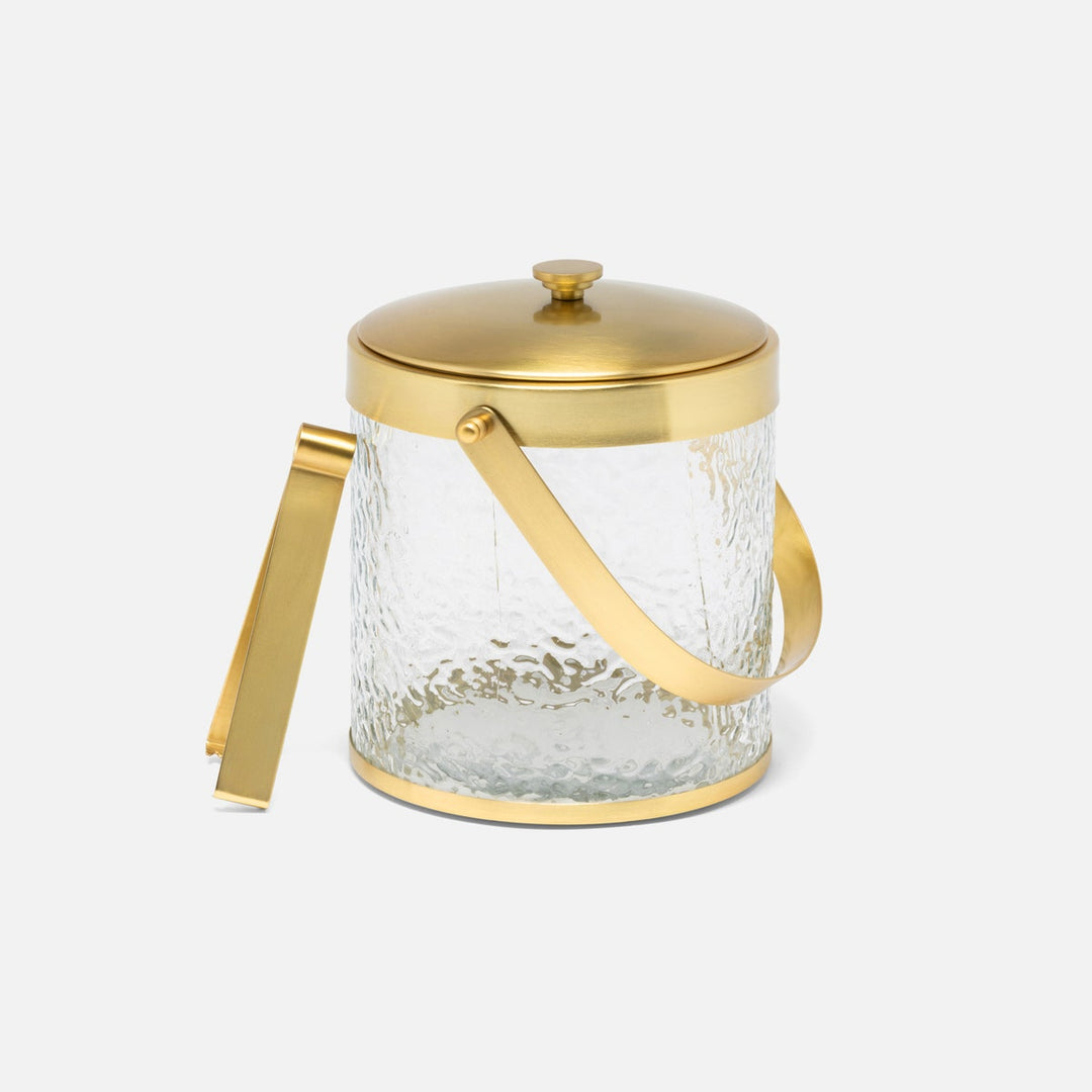 Allegra Clear/Gold Round Ice Bucket W/ Tongs Hammered Glass/Matte Brass