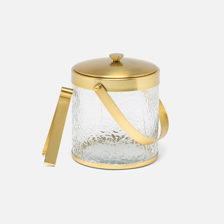 Allegra Clear/Gold Round Ice Bucket W/ Tongs Hammered Glass/Matte Brass