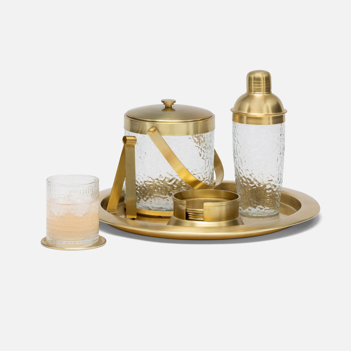 Allegra Clear/Gold Round Ice Bucket W/ Tongs Hammered Glass/Matte Brass