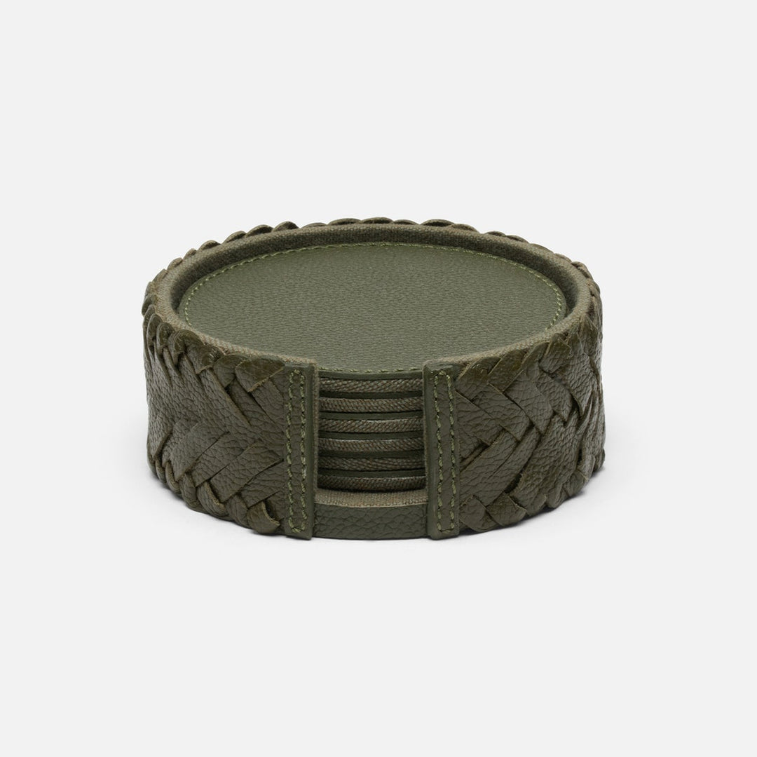 Fordham Forest Green Braided Coaster Set Of 6 Full-Grain Leather