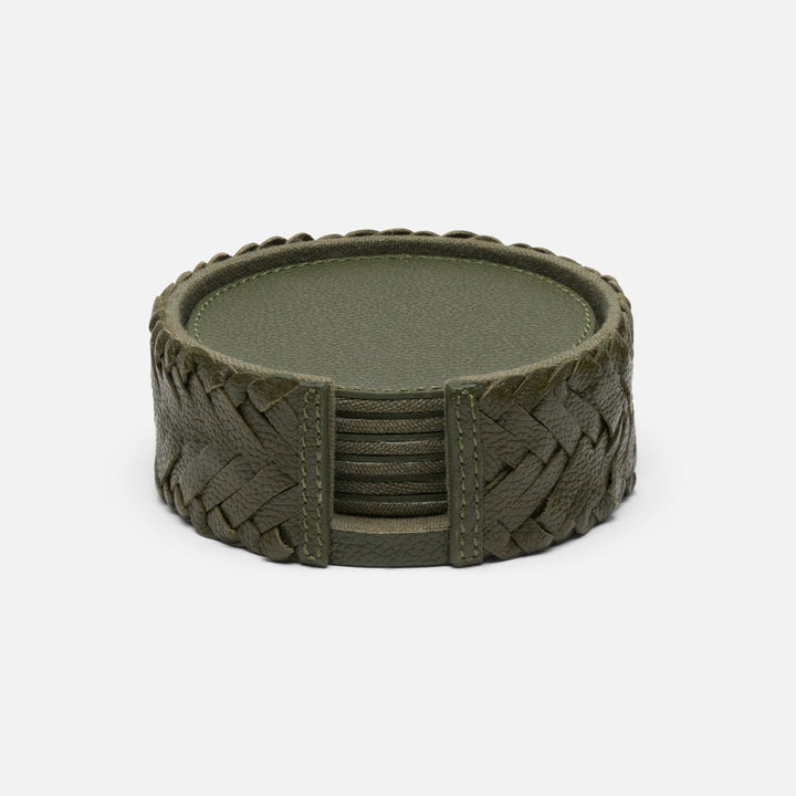 Fordham Forest Green Braided Coaster Set Of 6 Full-Grain Leather