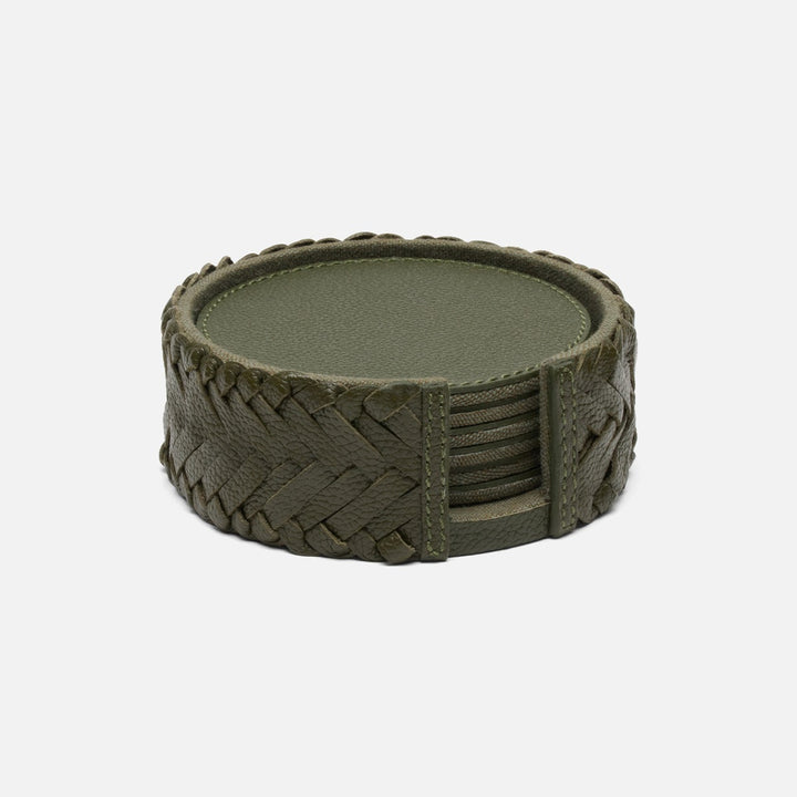 Fordham Forest Green Braided Coaster Set Of 6 Full-Grain Leather