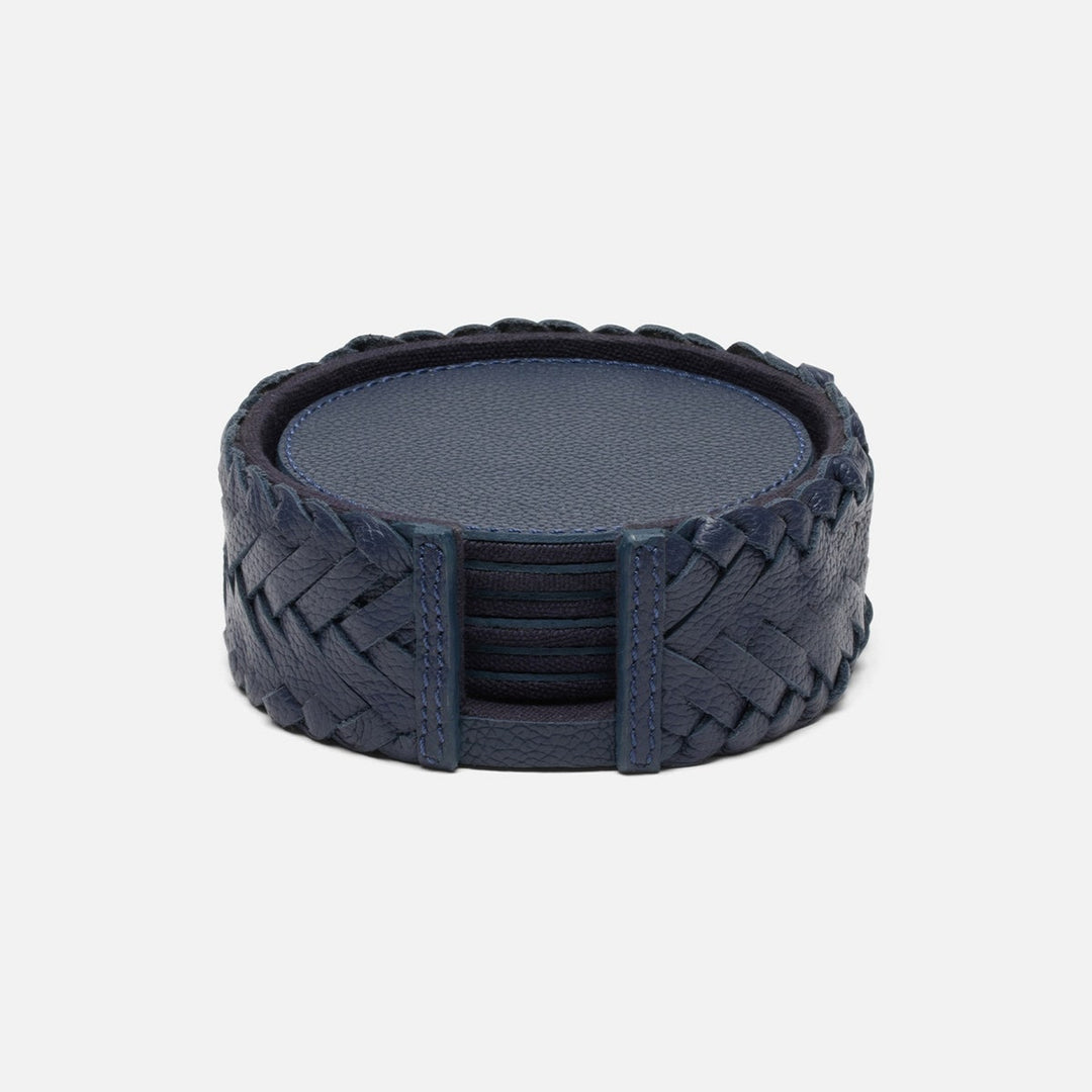 Fordham Navy Braided Coaster Set Of 6 Full-Grain Leather