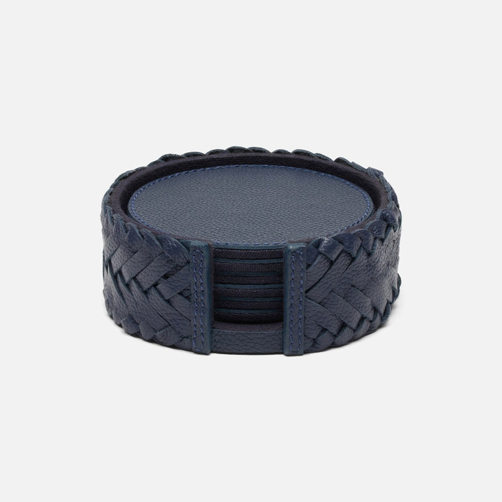 Fordham Navy Braided Coaster Set Of 6 Full-Grain Leather