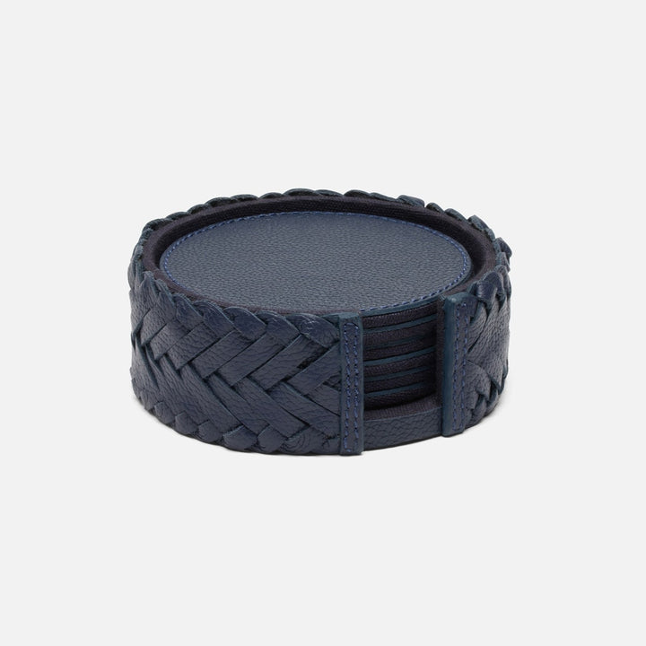 Fordham Navy Braided Coaster Set Of 6 Full-Grain Leather