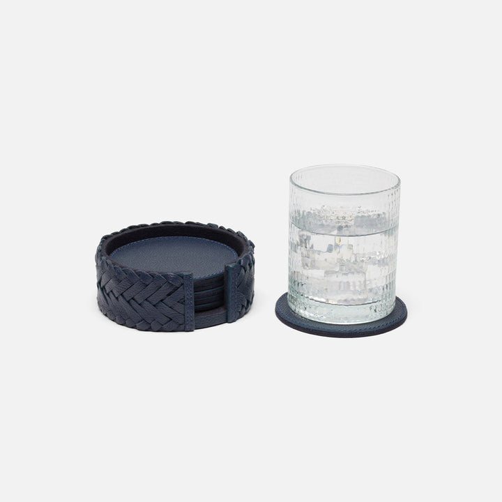 Fordham Navy Braided Coaster Set Of 6 Full-Grain Leather