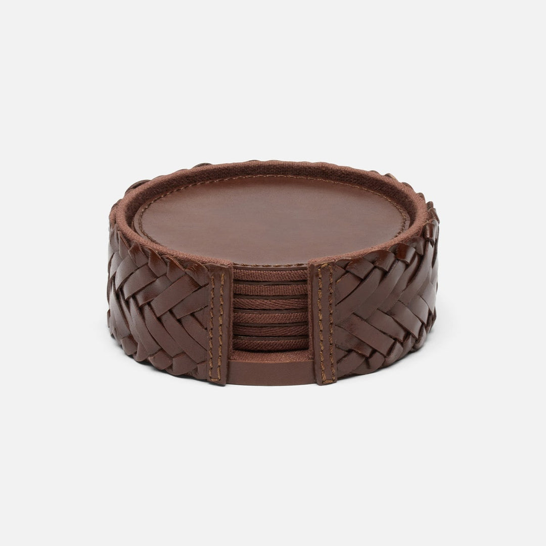 Fordham Tobacco Braided Coaster Set Of 6 Full-Grain Leather