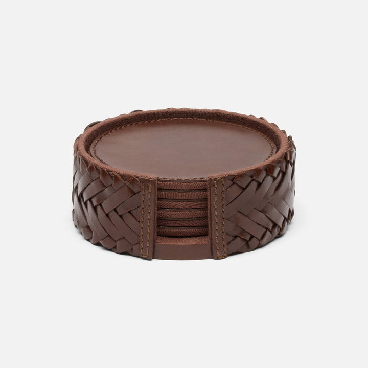 Fordham Tobacco Braided Coaster Set Of 6 Full-Grain Leather