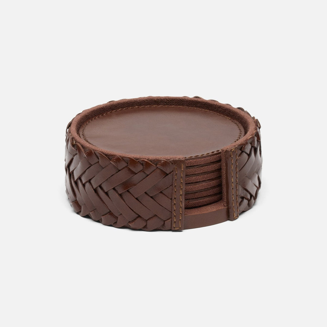 Fordham Tobacco Braided Coaster Set Of 6 Full-Grain Leather