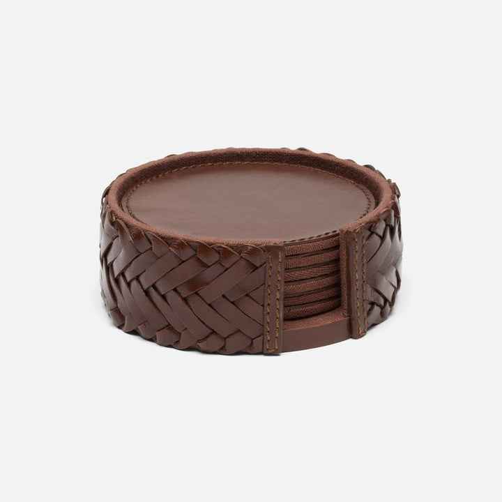 Fordham Tobacco Braided Coaster Set Of 6 Full-Grain Leather