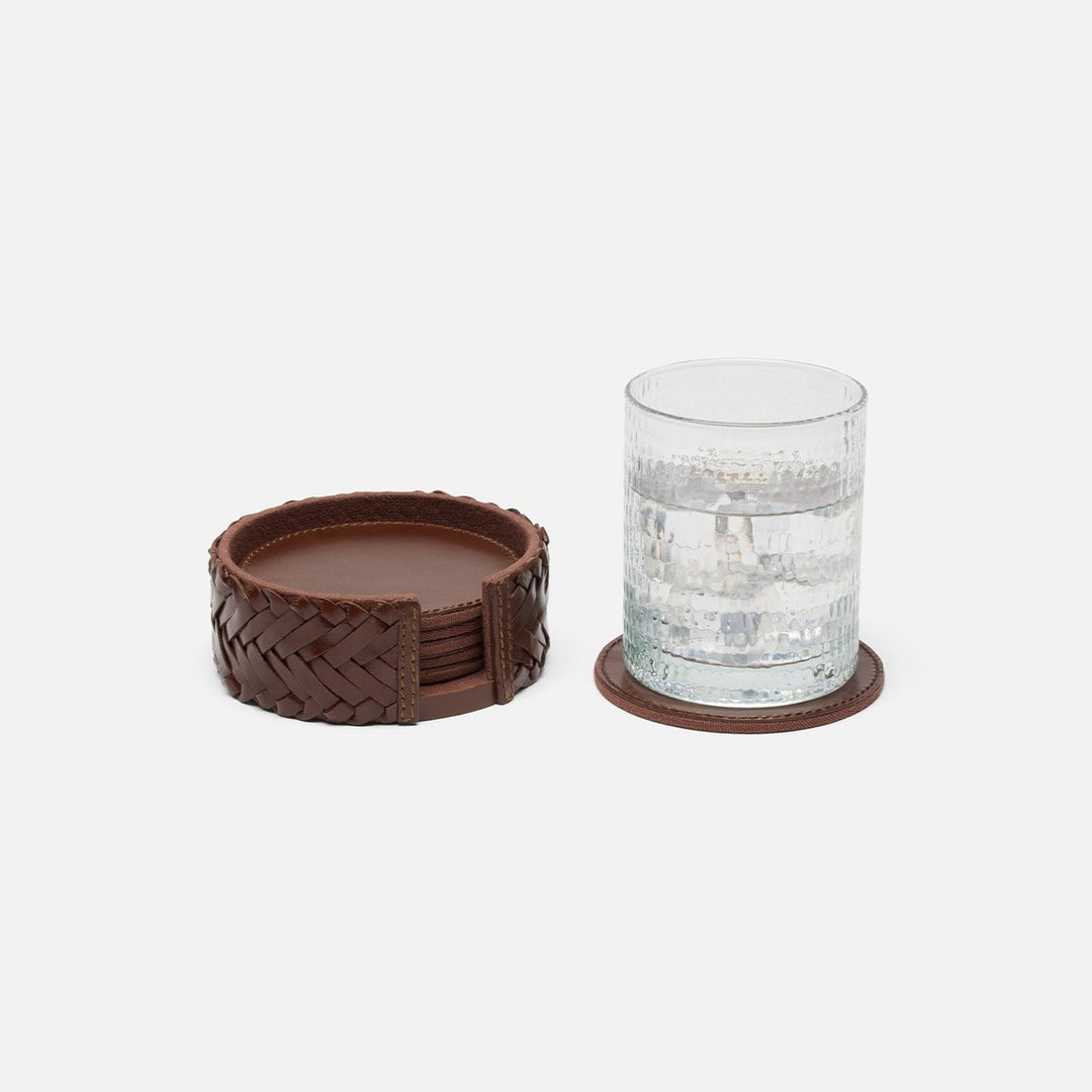 Fordham Tobacco Braided Coaster Set Of 6 Full-Grain Leather