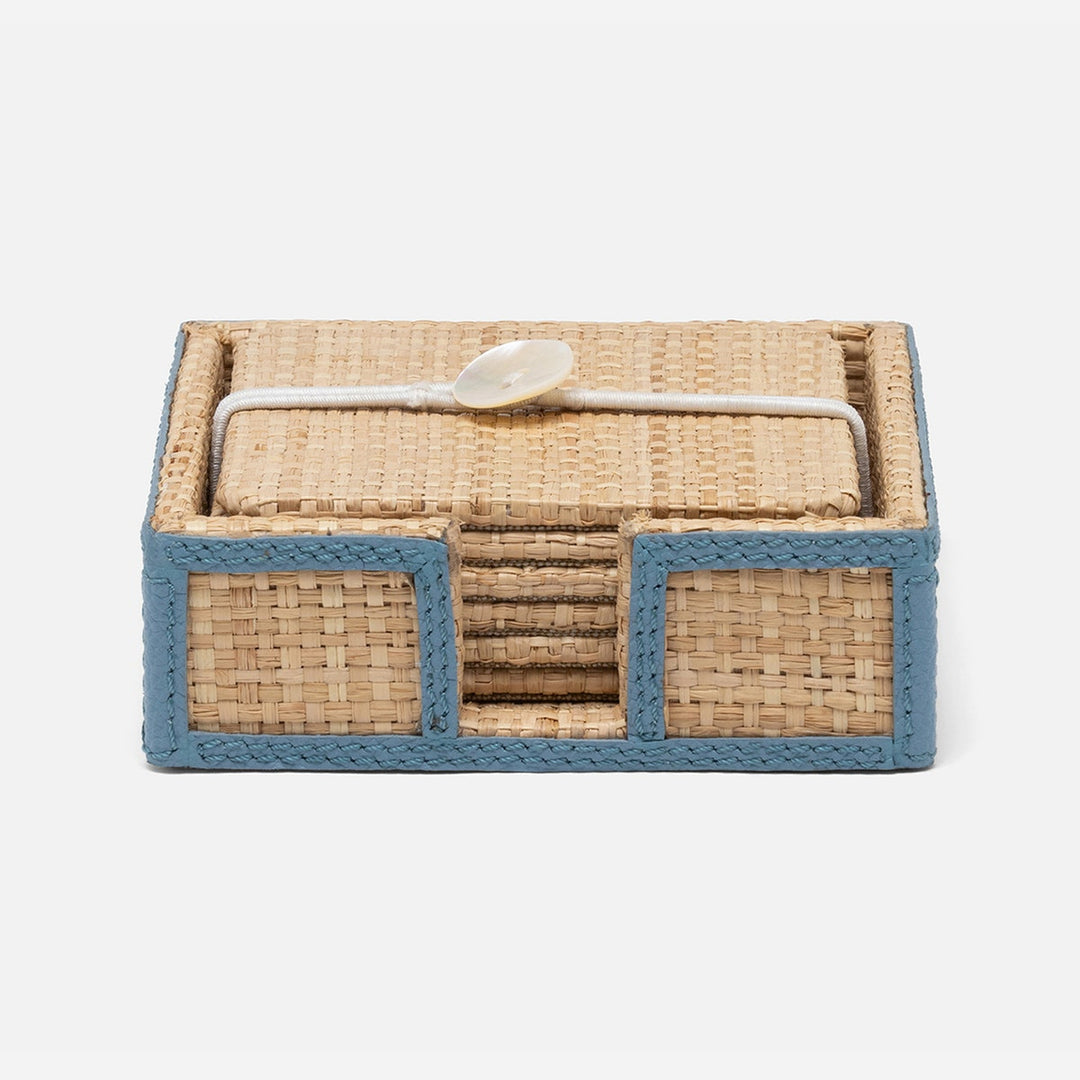 Gable Natural/Country Blue Coaster Set Of 6 Raffia/Leather