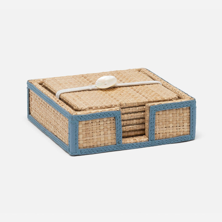 Gable Natural/Country Blue Coaster Set Of 6 Raffia/Leather