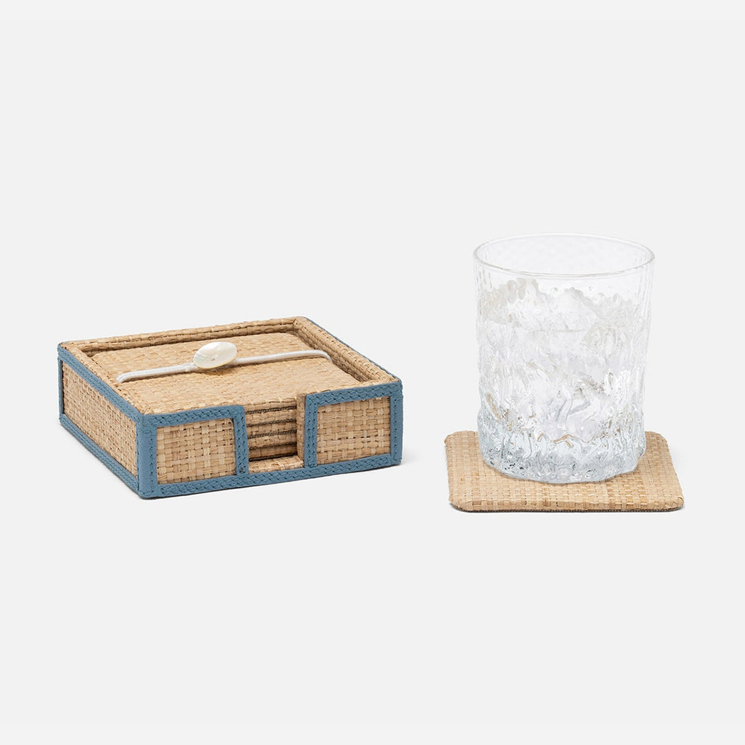 Gable Natural/Country Blue Coaster Set Of 6 Raffia/Leather