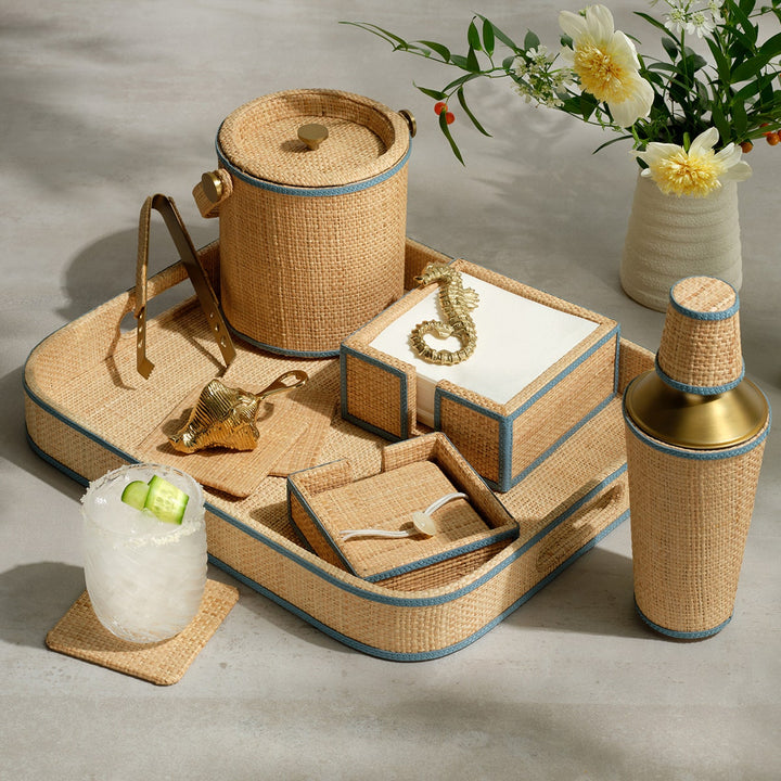 Gable Natural/Country Blue Gold Cocktail Shaker Raffia/Leather
