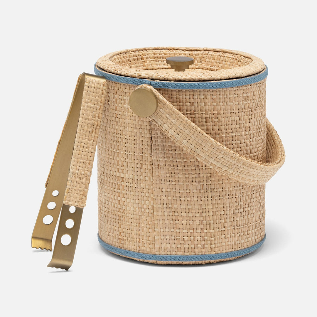 Gable Natural/Country Blue Gold Ice Bucket W/ Tongs Round Raffia/Leather