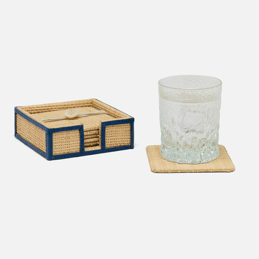 Gable Natural/Navy Coaster Set Of 6 Raffia/Leather