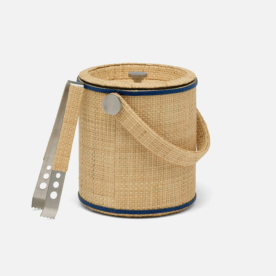Gable Natural/Navy Silver Ice Bucket W/ Tongs Round Raffia/Leather