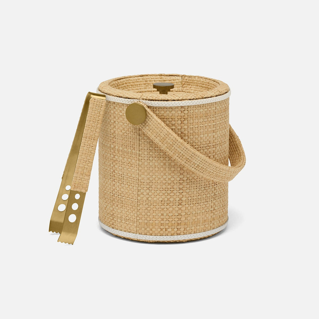Gable Natural/White Gold Ice Bucket W/ Tongs Round Raffia/Leather