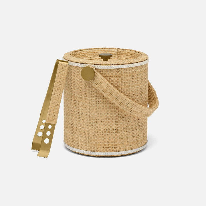 Gable Natural/White Gold Ice Bucket W/ Tongs Round Raffia/Leather