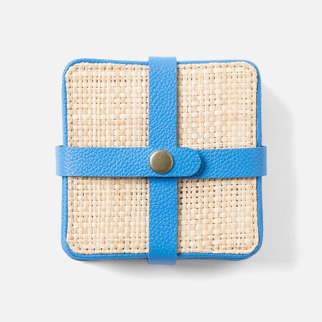 Kenneth Natural/Bright Blue Set Of 6 Coasters W/ Strap Raffia/Rayon/Leather