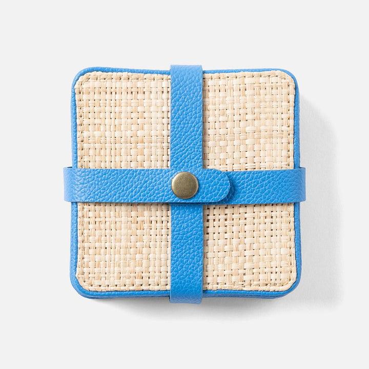 Kenneth Natural/Bright Blue Set Of 6 Coasters W/ Strap Raffia/Rayon/Leather